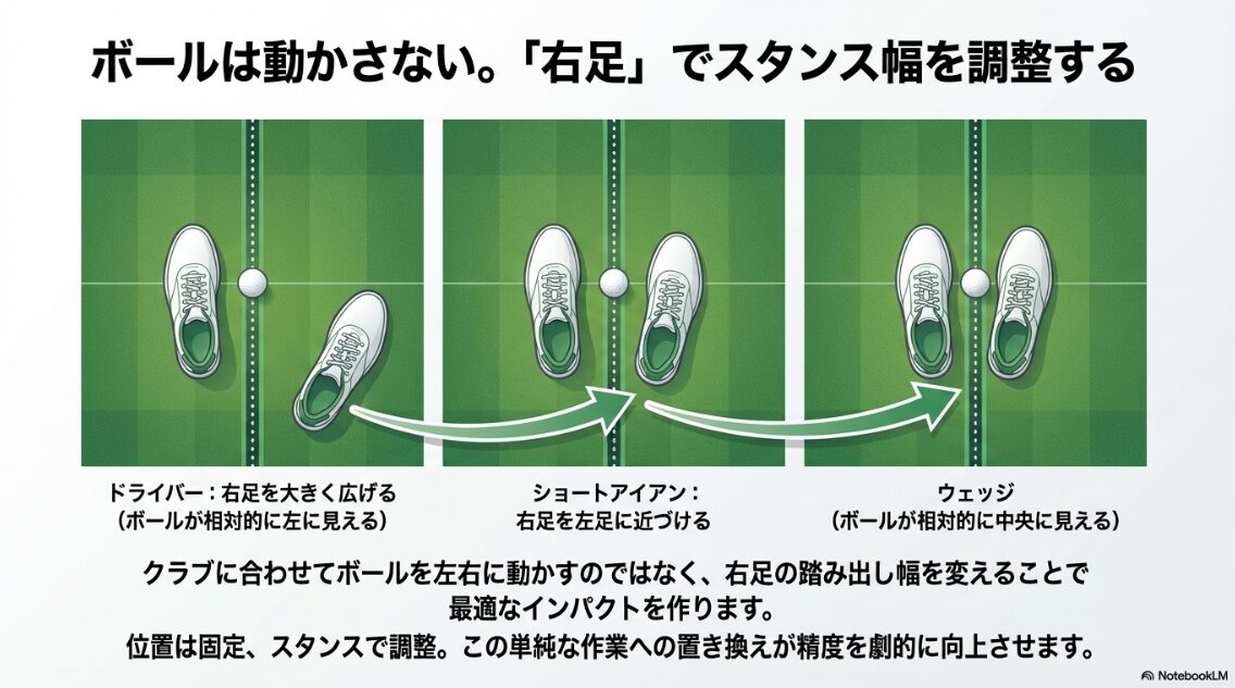 ボール位置を変えずに右足の踏み出し幅だけで番手ごとの調整を行う図解