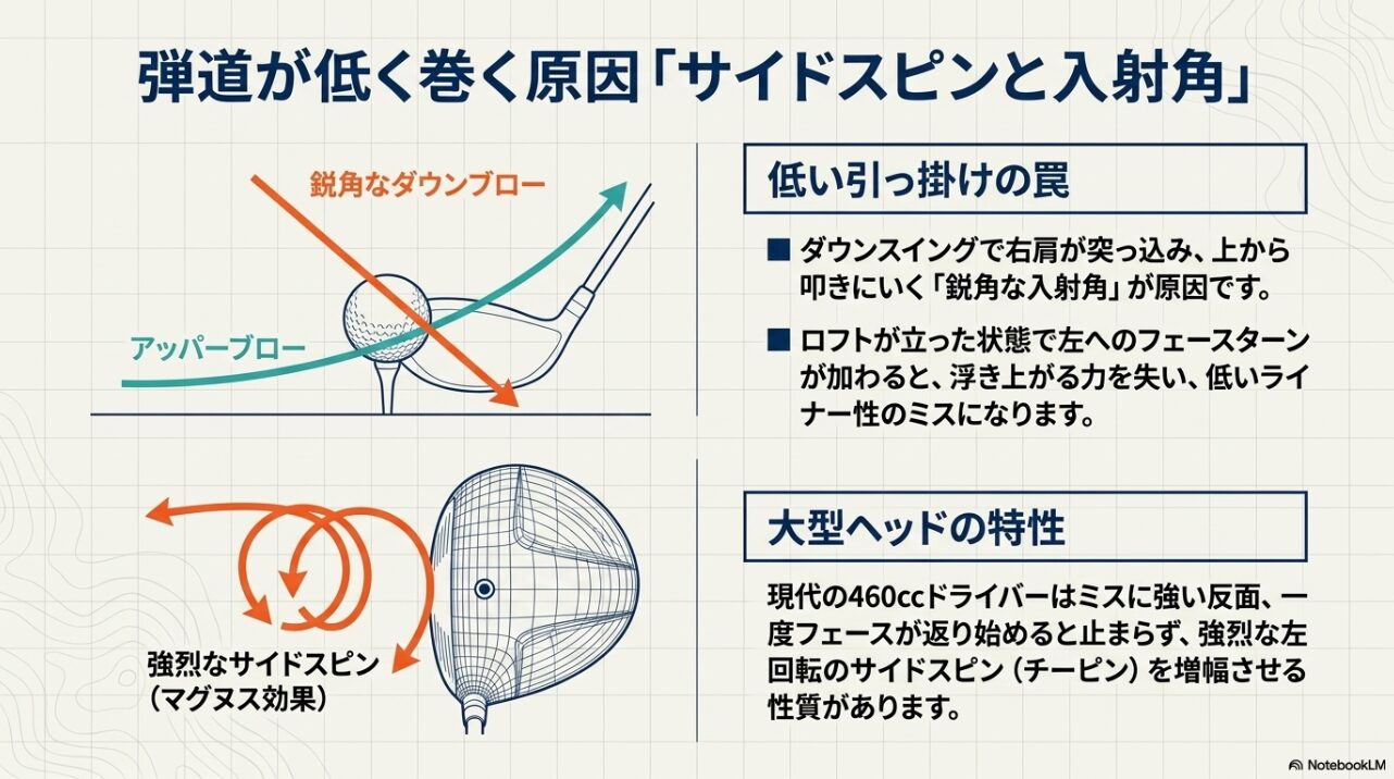 ゴルフボールの回転と空気抵抗によって生まれるマグヌス効果とサイドスピンの図解