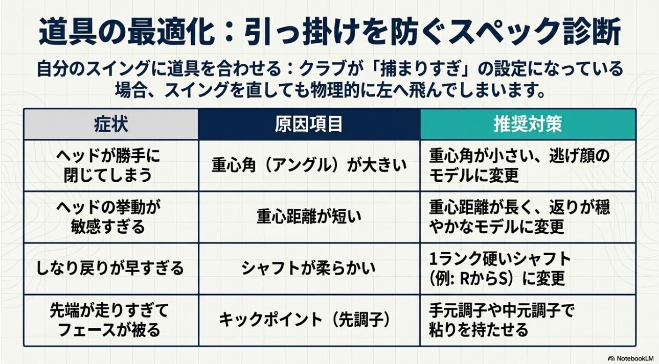 引っ掛けを防ぐためのドライバー重心設計やシャフトスペックの推奨診断表