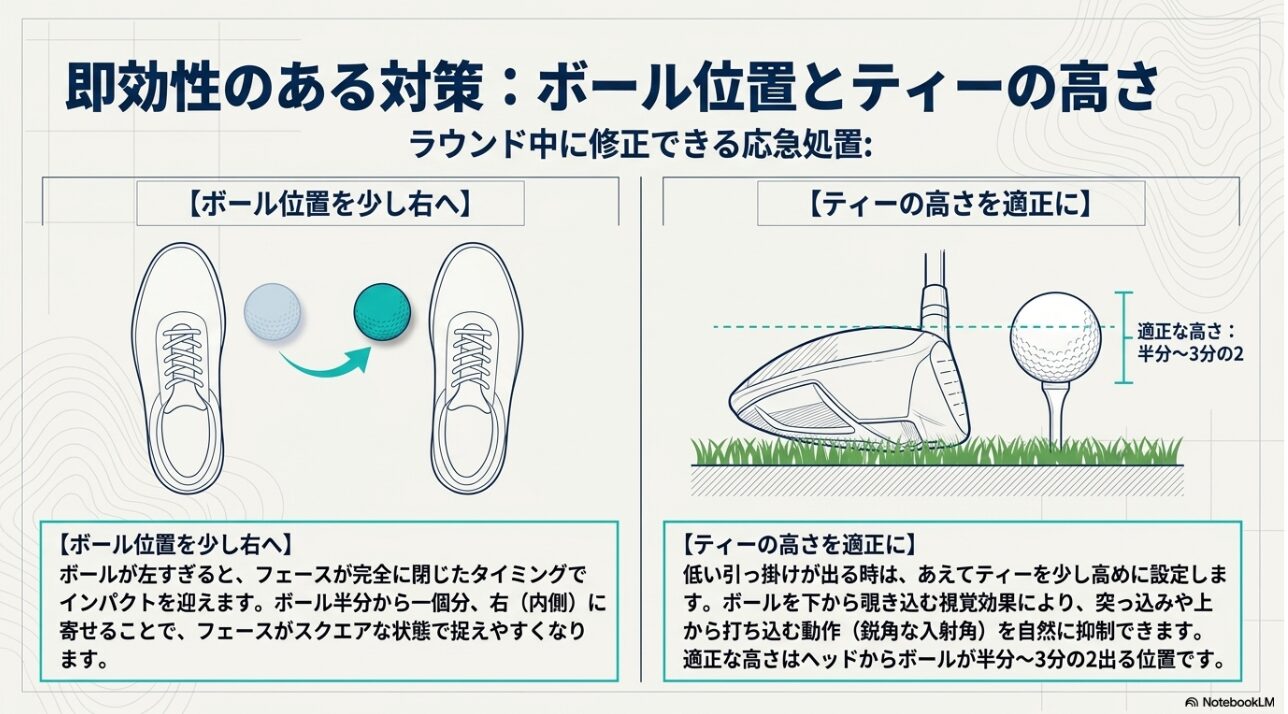 ドライバーショットにおける適切なボール位置とティーの高さのセットアップ図