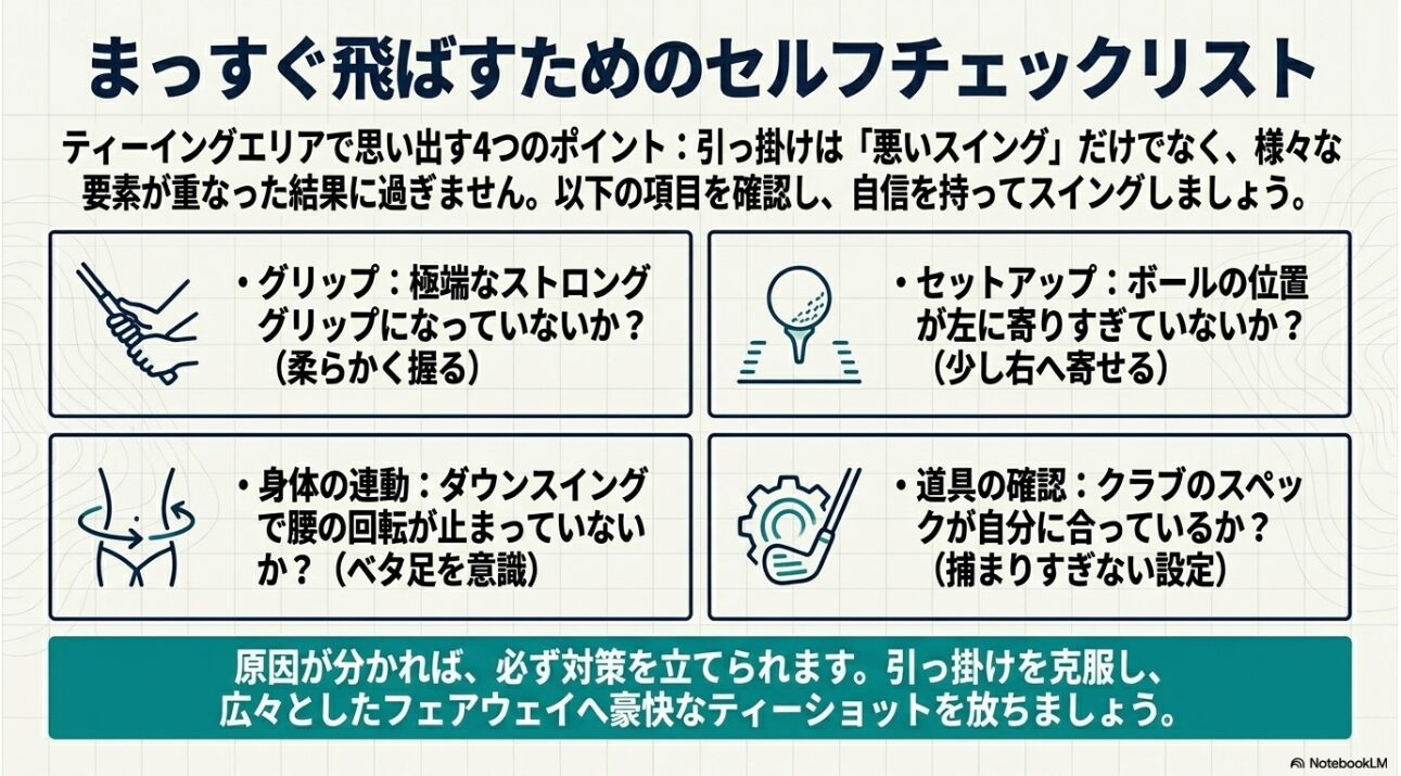 ラウンド中に確認すべきグリップ、セットアップ、連動、道具の最終チェックリスト図解
