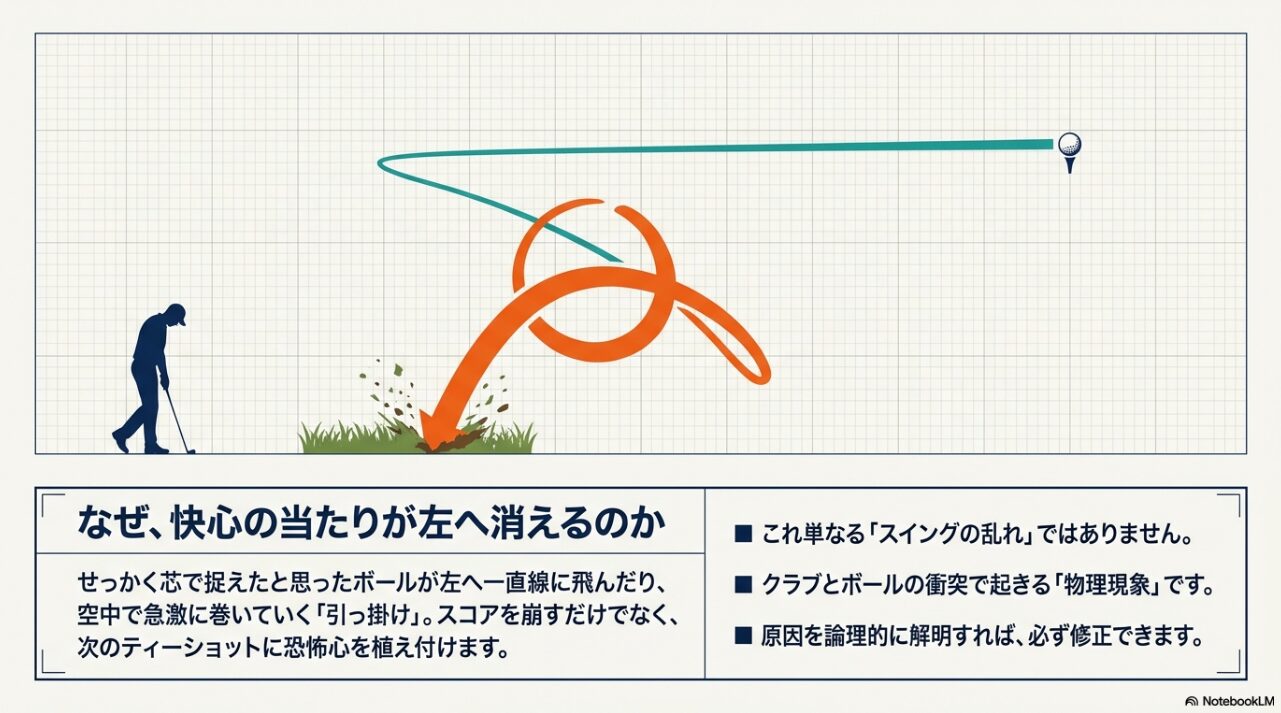 左へ大きく曲がる引っ掛けの弾道イメージとゴルファーの心理的影響