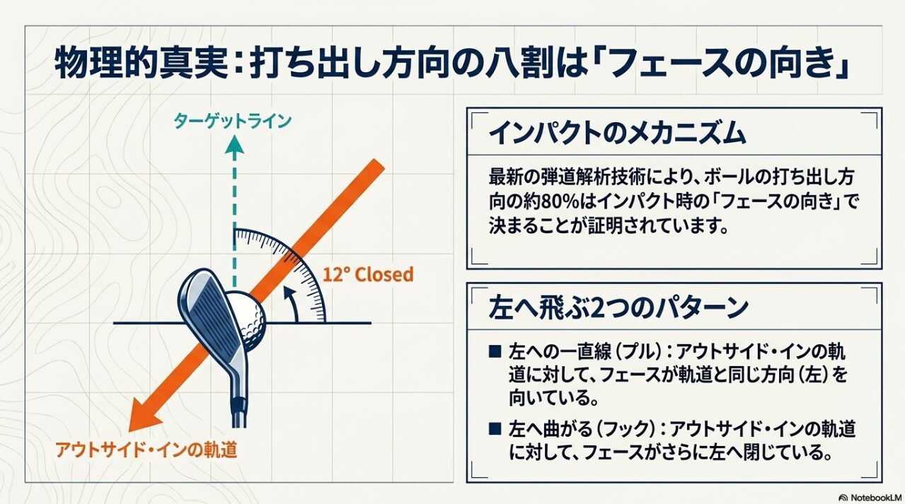 インパクト時のフェースの向きが打ち出し方向の8割を決定する物理法則の図解