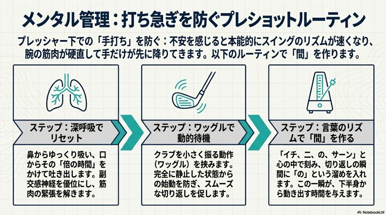 プレッシャー下で打ち急ぎを防ぐための深呼吸とワッグルのルーティン図解