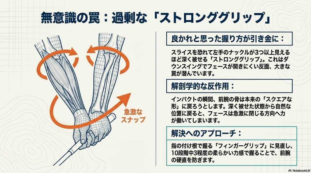 ストロンググリップによる前腕の解剖学的な反作用がフェースを閉じる図解