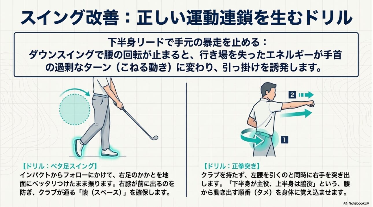 下半身リードを身につけるためのベタ足スイングと正拳突きドリルの図解