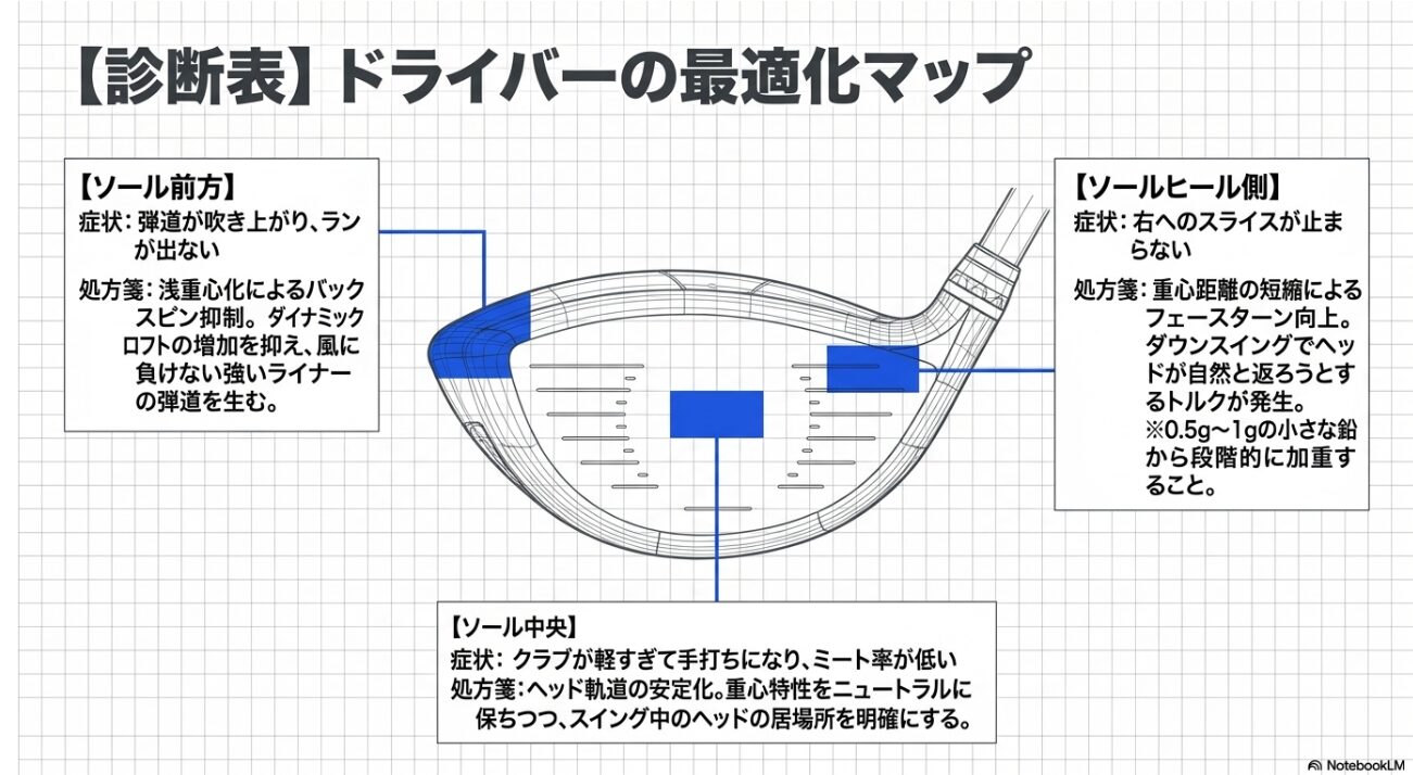 ドライバーの最適化診断マップ ドライバーのミス傾向に応じた鉛の貼付位置(ヒール・前方・中央)を示した診断マップ