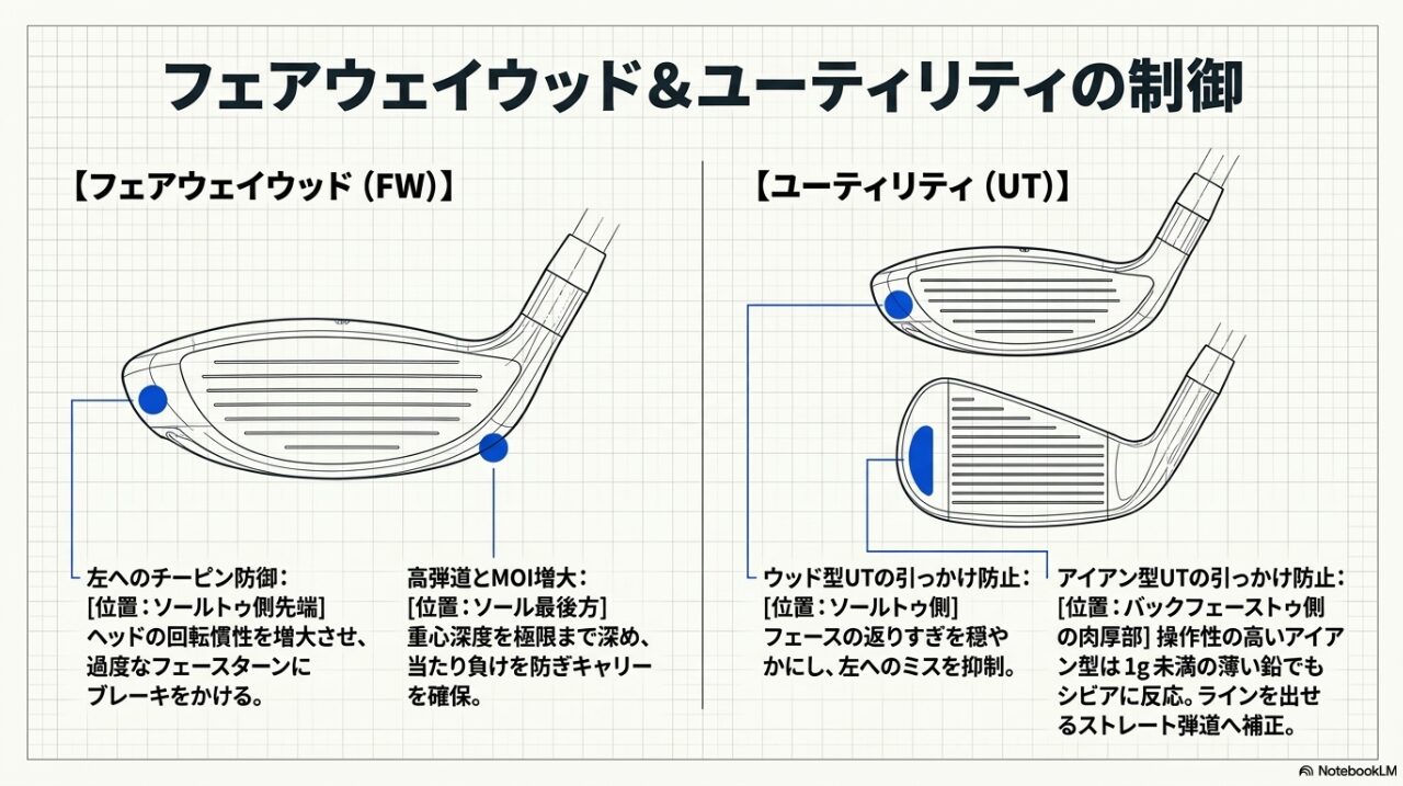 FW&UTの弾道・ミス抑制制御 フェアウェイウッドとユーティリティのチーピン防止や高弾道化のための鉛貼付位置図