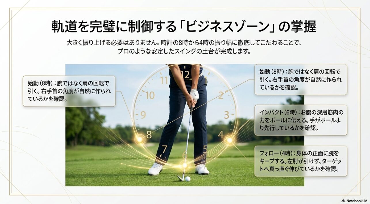 時計の8時から4時のビジネスゾーンにおける各ポイントの解説図