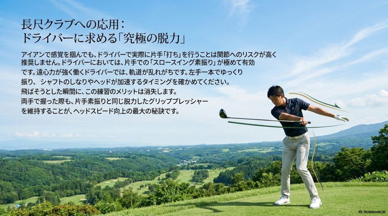 ドライバーでの片手スロースイング素振りによる脱力と軌道の確認