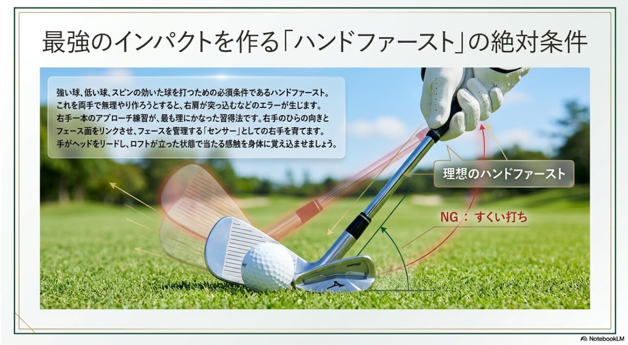 理想的なハンドファーストインパクトとすくい打ちの比較