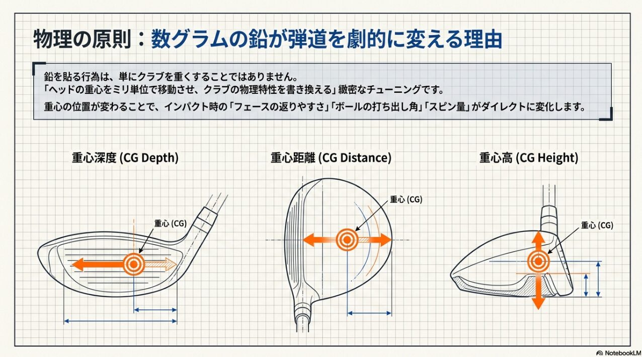 ヘッド重心の物理メカニズム解説 ゴルフクラブの重心深度・重心距離・重心高の三次元的な位置関係を解説した図解