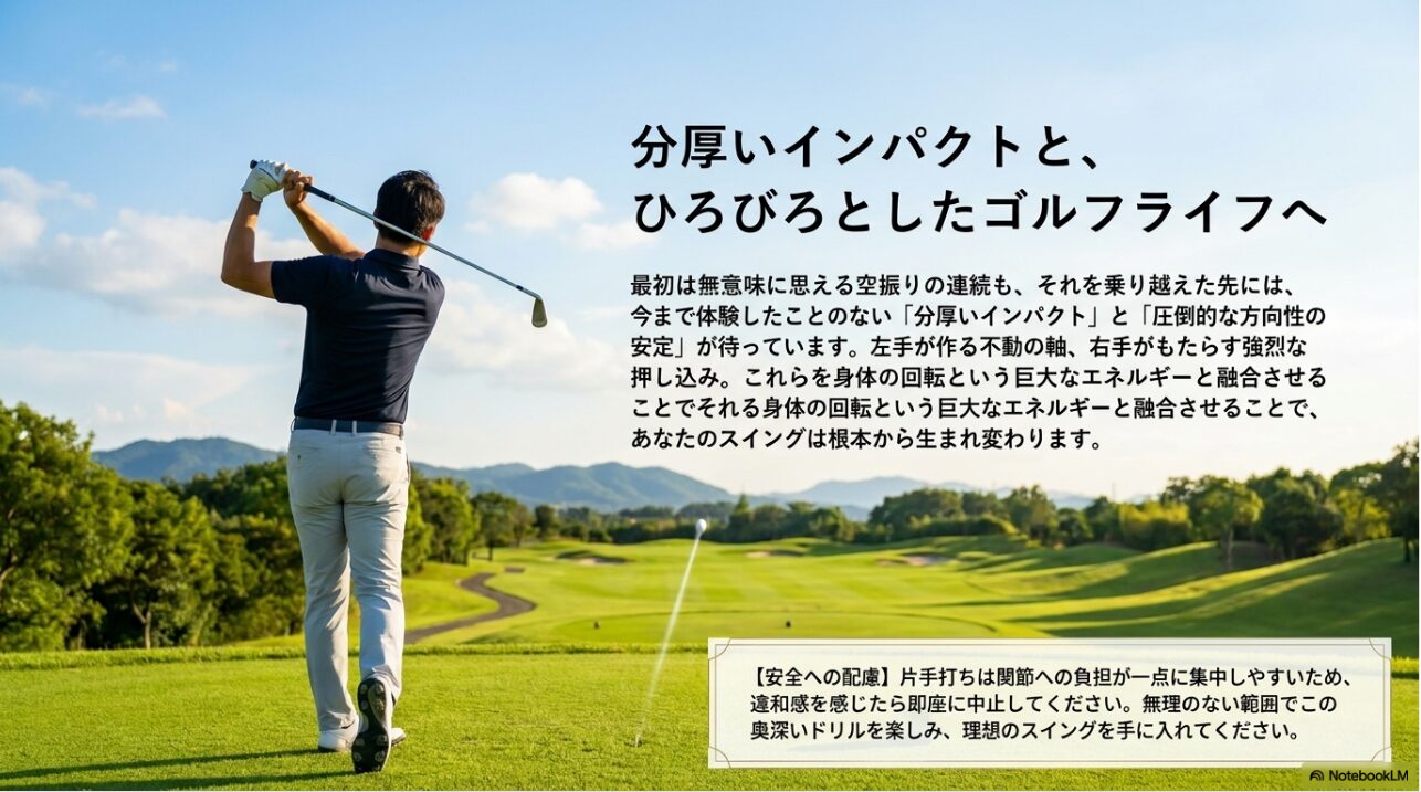 片手打ち練習による分厚いインパクトと理想のスイングのまとめ