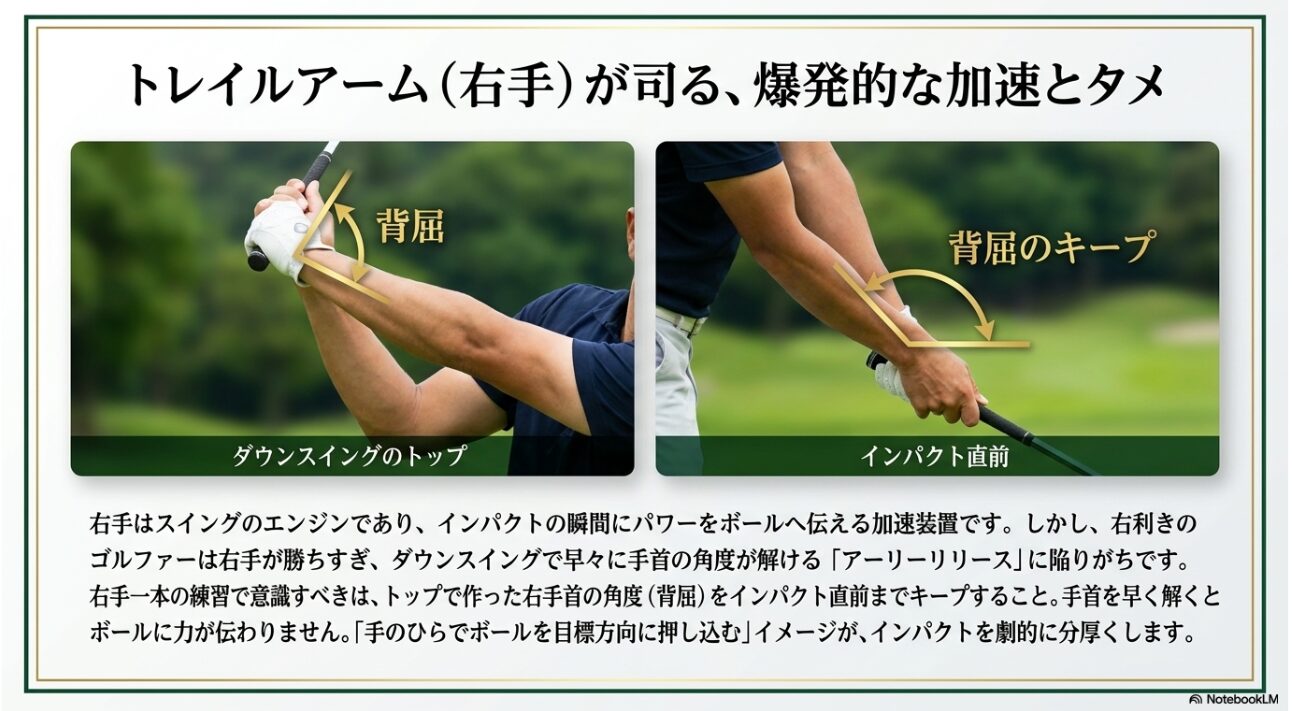 ダウンスイングからインパクトにおける右手首の背屈角度の維持