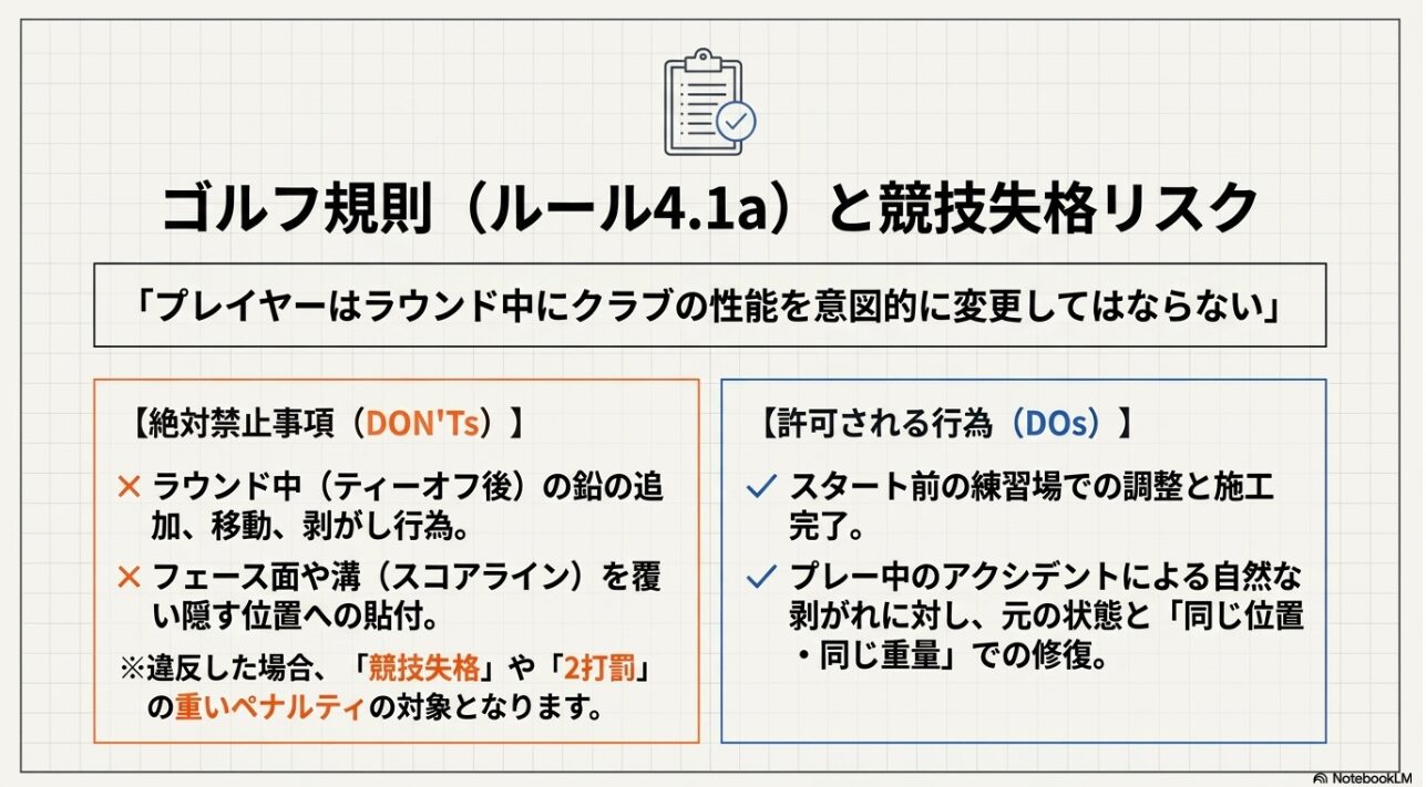 ゴルフ規則(4.1a)と適合・違反基準 ゴルフ公式ルールにおけるラウンド中の鉛追加禁止事項と競技失格リスクの解説図