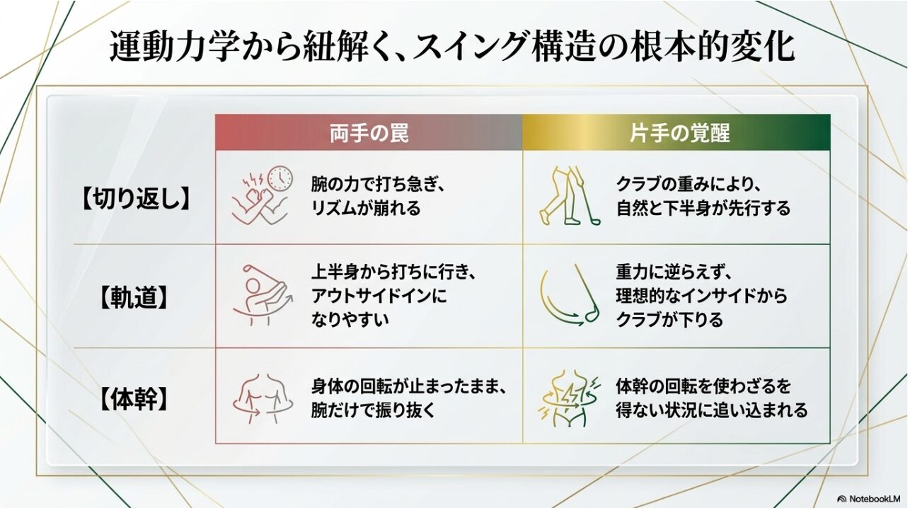 両手スイングと片手打ち練習における運動力学的な違いの比較表