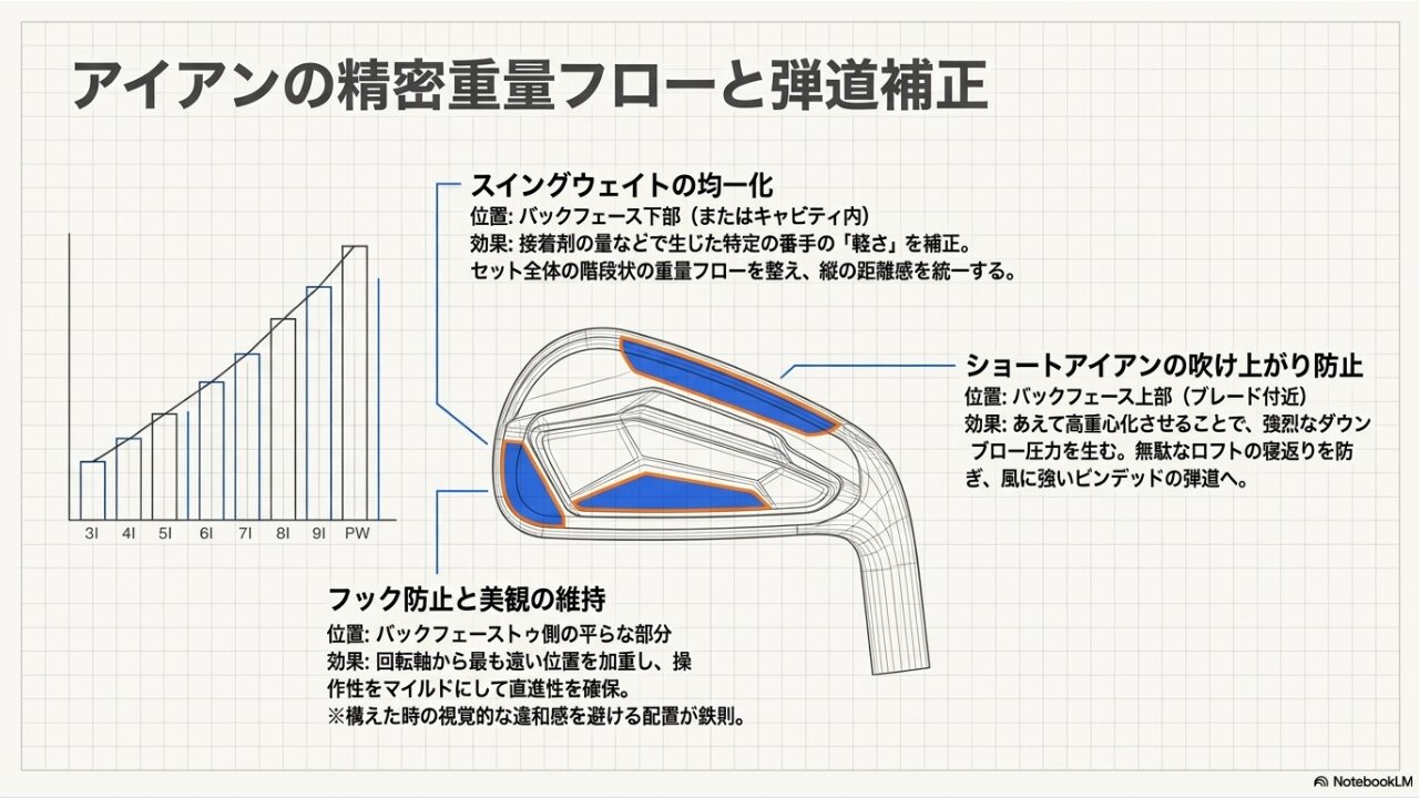 アイアンセットの重量フロー均一化 アイアンセットの番手ごとの重量バランスを整えるためのバックフェース貼付解説図