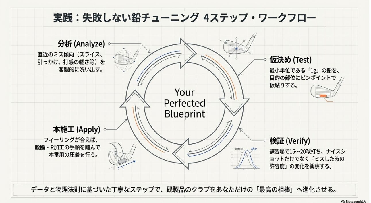 失敗しない鉛チューニングのステップサイクル ゴルフの鉛調整を失敗せずに行うための分析から本施工に至る4ステップサイクル