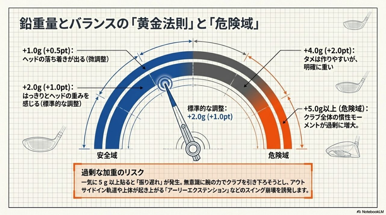 鉛重量とバランスの黄金法則 追加重量によるスイングウェイトの変動量と振り遅れリスクの境界線を示したグラフ