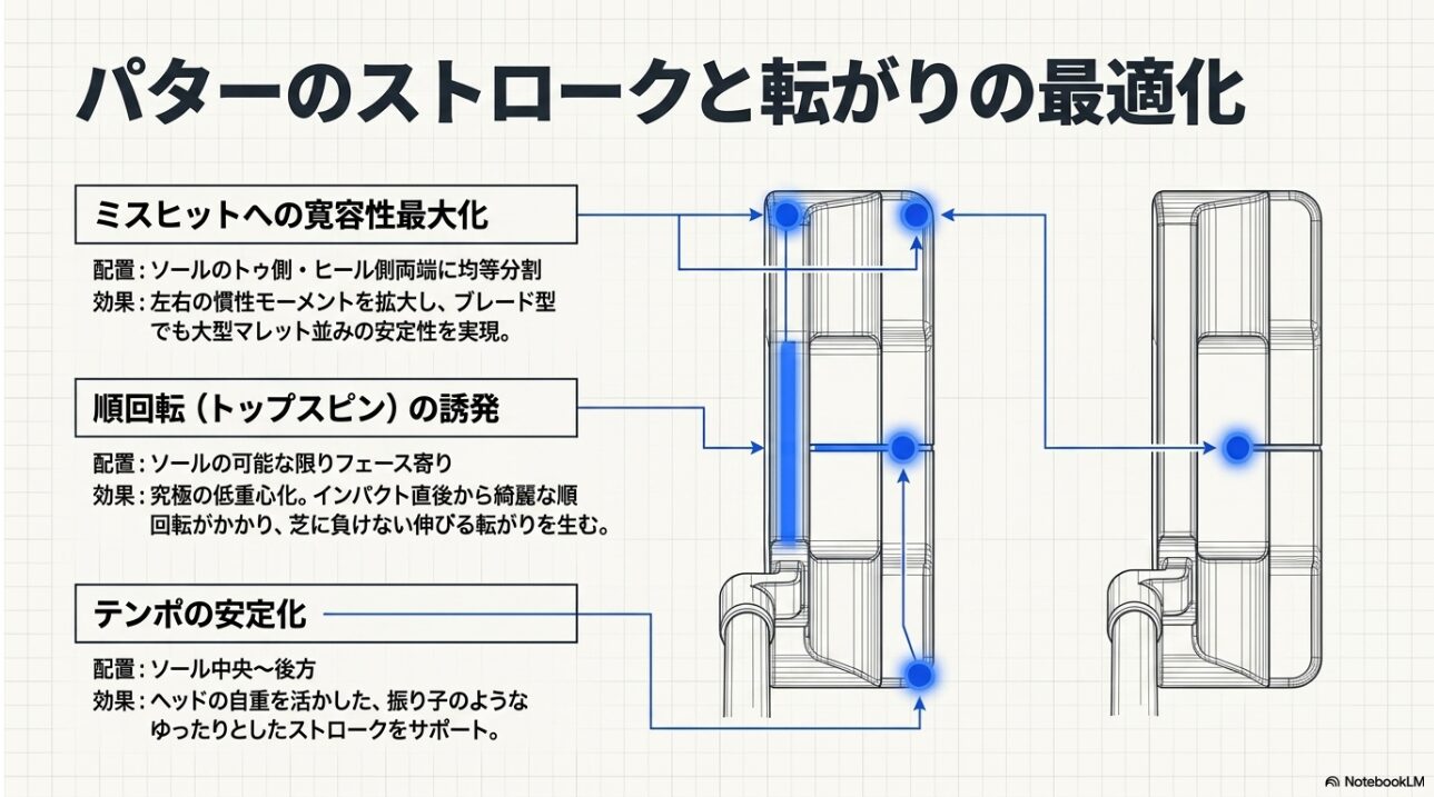 パターの転がりとストローク最適化 パターのミスヒットに強い配置や転がりを良くするための低重心貼付位置の図解