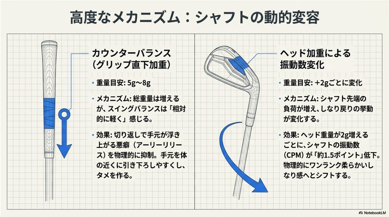 シャフトのカウンターバランスと振動数変化 シャフトの手元加重によるカウンターバランス効果とヘッド加重による振動数変化の解説図