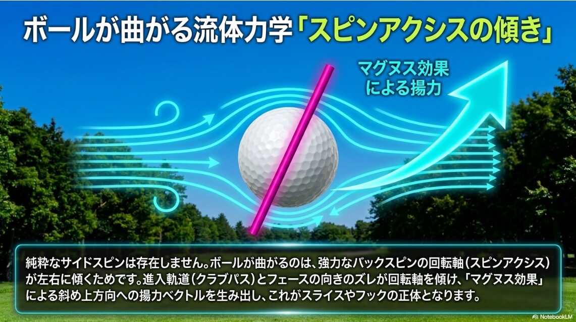 ゴルフボールの回転軸の傾きとマグヌス効果が弾道を曲げる流体力学の図解