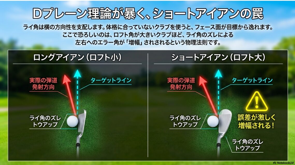 ライ角のズレがロフト角の大きいショートアイアンで増幅される現象の図解