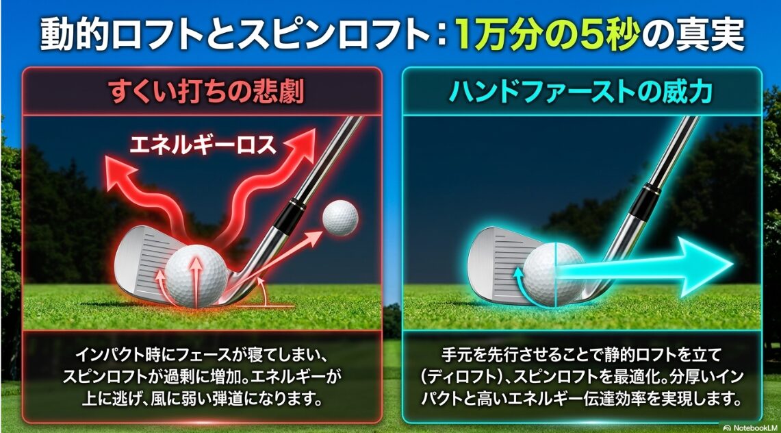 すくい打ちによるエネルギーロスとハンドファーストによる最適なスピンロフトの比較