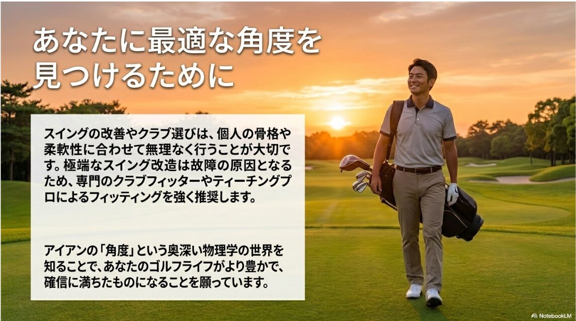 専門家によるフィッティングの推奨と安全なスイング構築を呼びかけるスライド