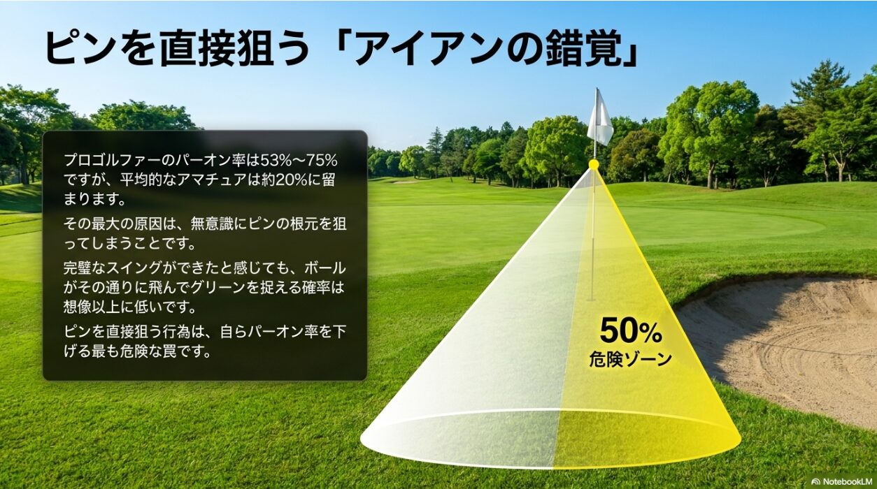 ピンを直接狙うリスクとアイアンショットがグリーンを捉える確率の低さの図解