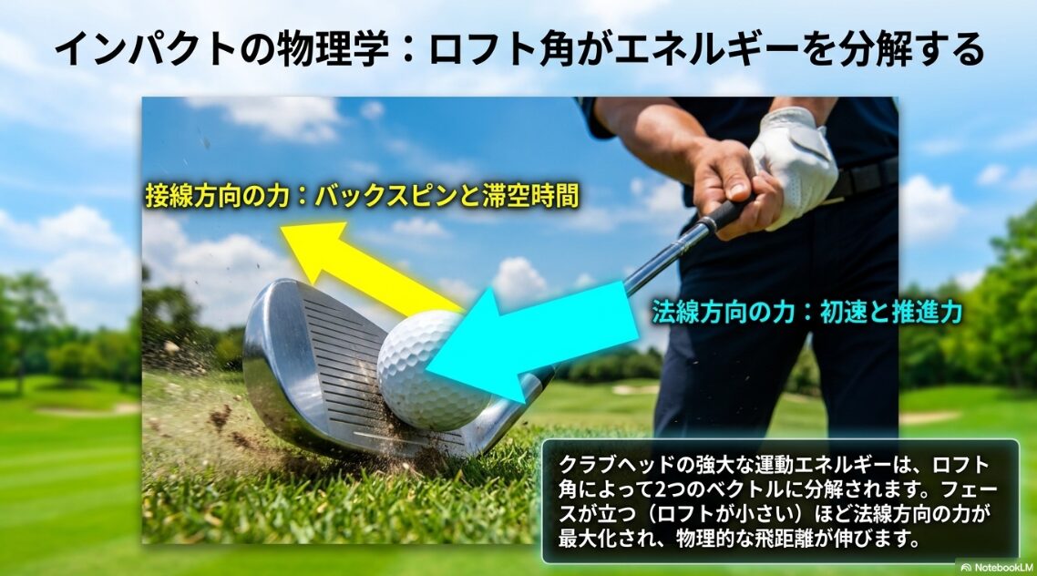 インパクト時のクラブヘッドの運動エネルギーが法線と接線方向に分解される図解