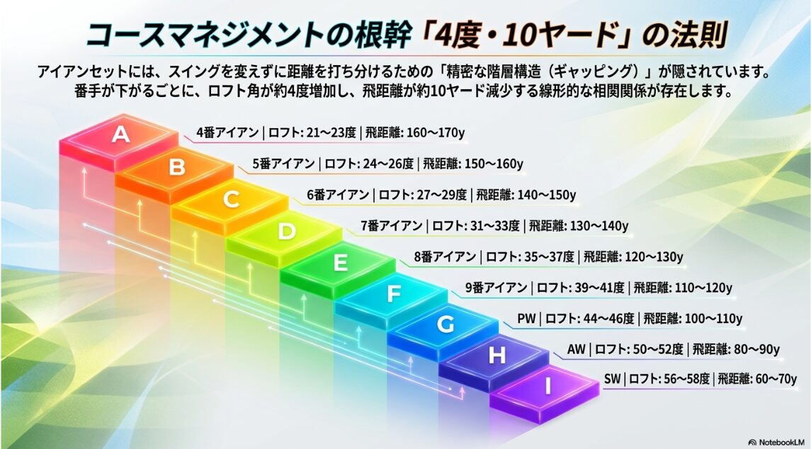 アイアンの番手ごとのロフト角と飛距離のギャッピングを示す表