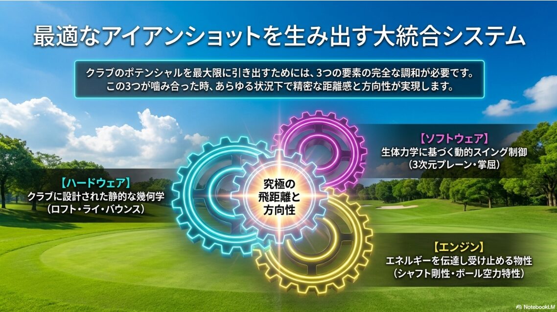 クラブ設計、スイング制御、シャフト剛性が統合して最適なショットを生み出す図解