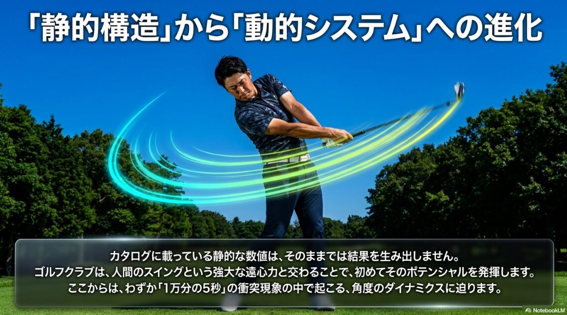 クラブの静的構造がスイングという動的システムと交わる重要性を解説するスライド