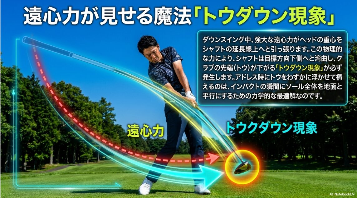 ダウンスイング時の遠心力によってクラブのトウが下がるトウダウン現象の図解