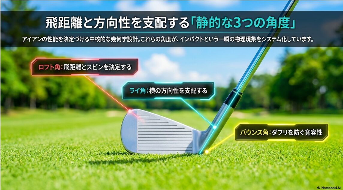 ロフト角、ライ角、バウンス角の3つの静的な角度の役割を図解