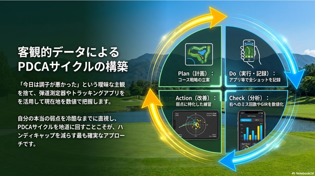 ゴルフのスコアアップに必要な客観的データを用いたPDCAサイクルの図解