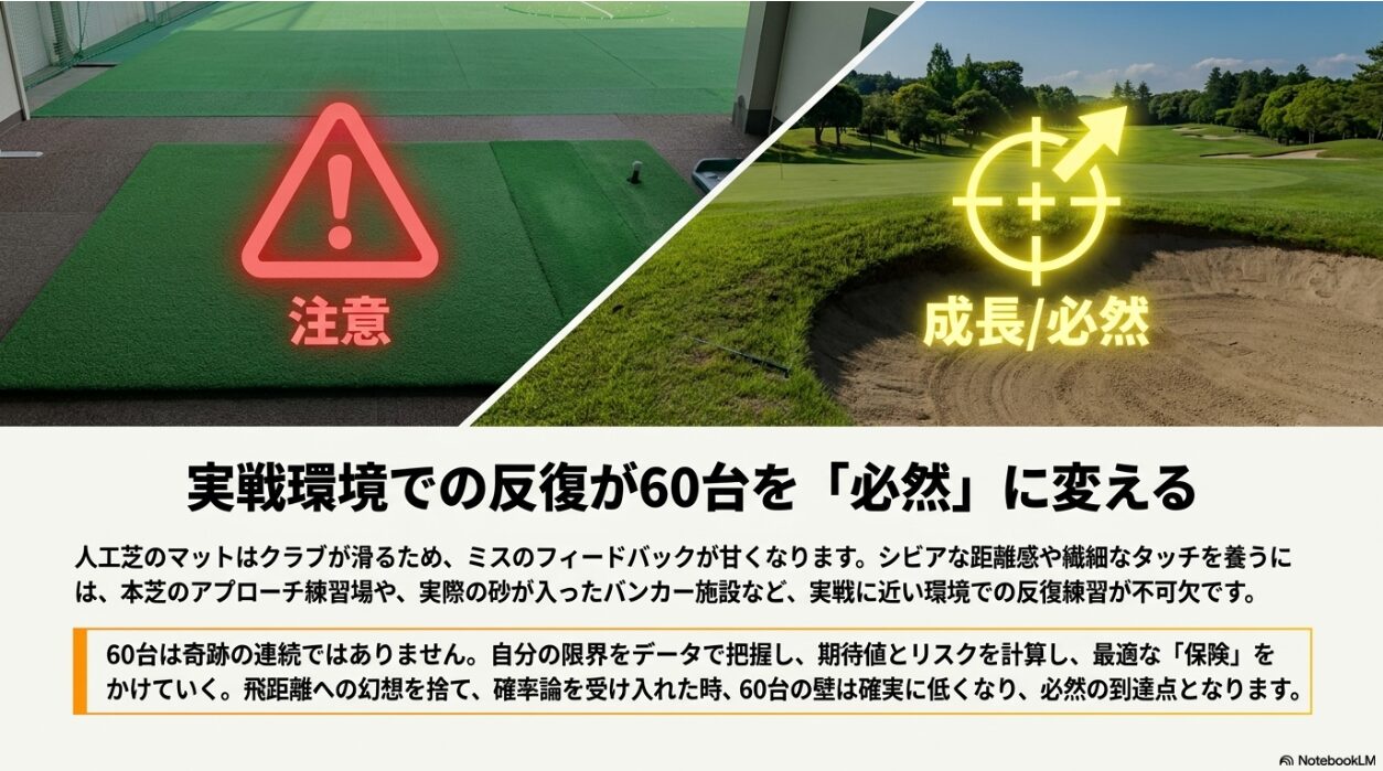 人工芝ではなく本芝や実際のバンカーなど実戦に近い環境での練習の重要性の解説