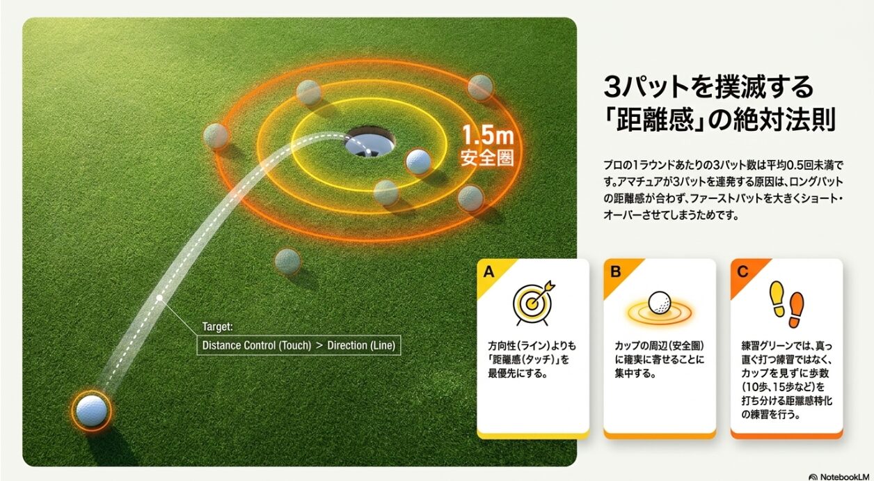 3パットを防ぐために方向性よりも距離感を最優先するパッティングの考え方の図解