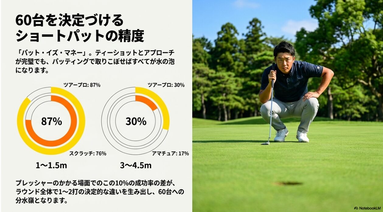 ツアープロとアマチュアの距離別パッティング成功率の差を示す比較図