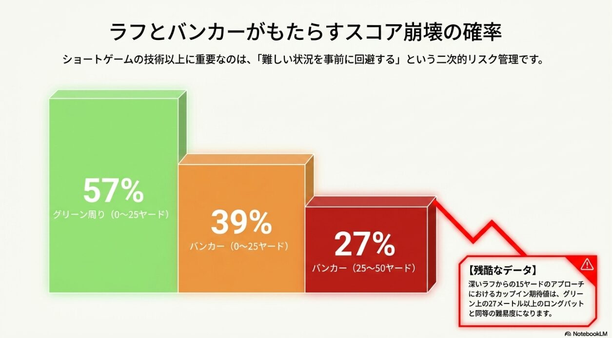 ラフやバンカーからのリカバリー率の低さと難しい状況を避ける重要性の図解