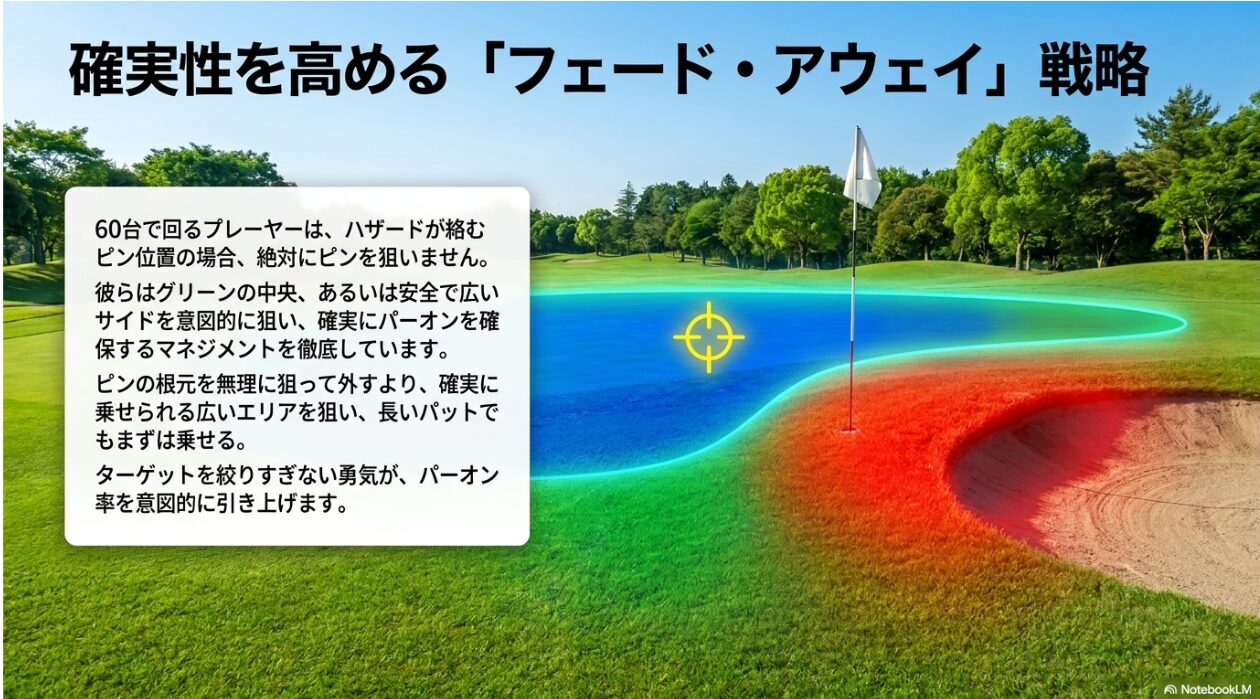 ハザードを避けグリーン中央の安全なエリアを狙うフェード・アウェイ戦略の図解