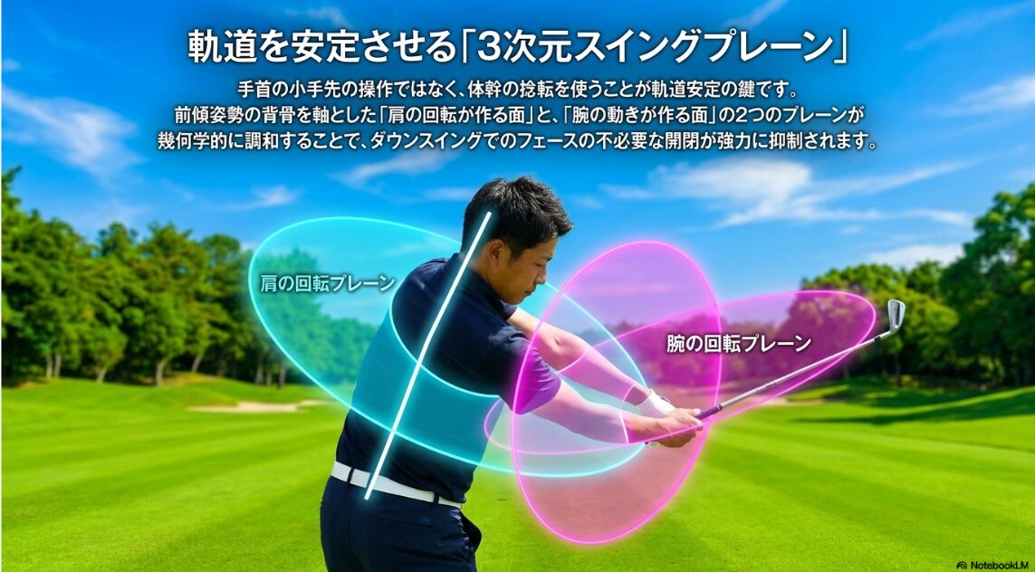 肩の回転プレーンと腕の回転プレーンが調和した3次元スイングの図解