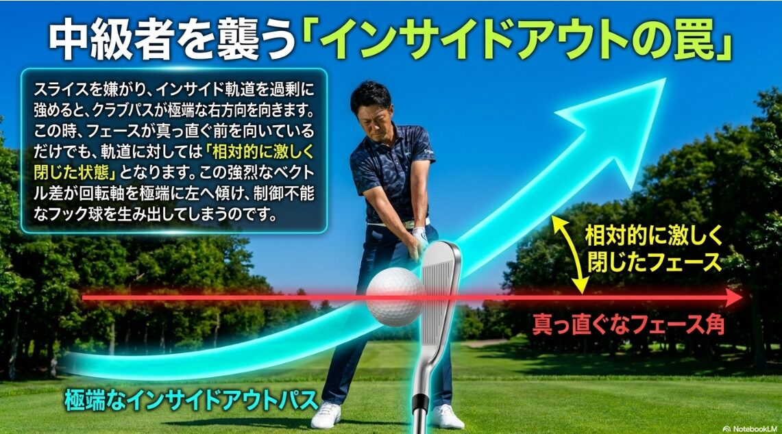 過剰なインサイドアウト軌道に対してフェースが閉じることでフックが発生するメカニズム