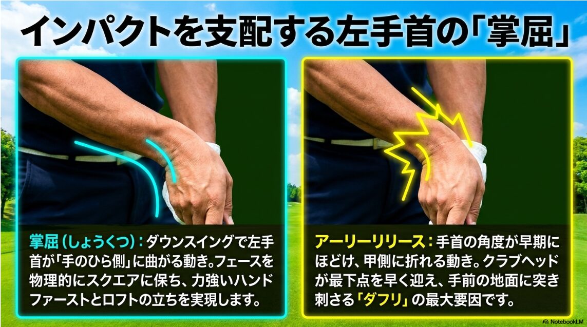 ハンドファーストを作る掌屈とダフリの原因となるアーリーリリースの手首の比較
