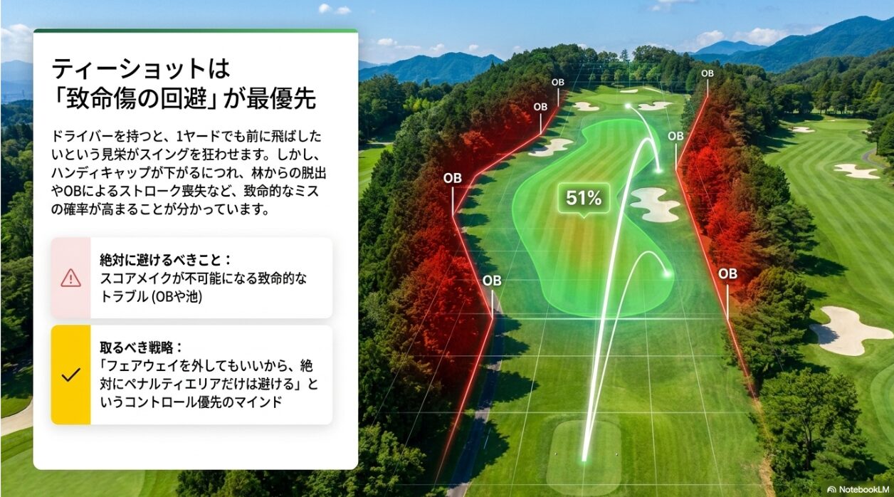ティーショットでOBなどの致命的なトラブルを避けるためのコースマネジメント図解