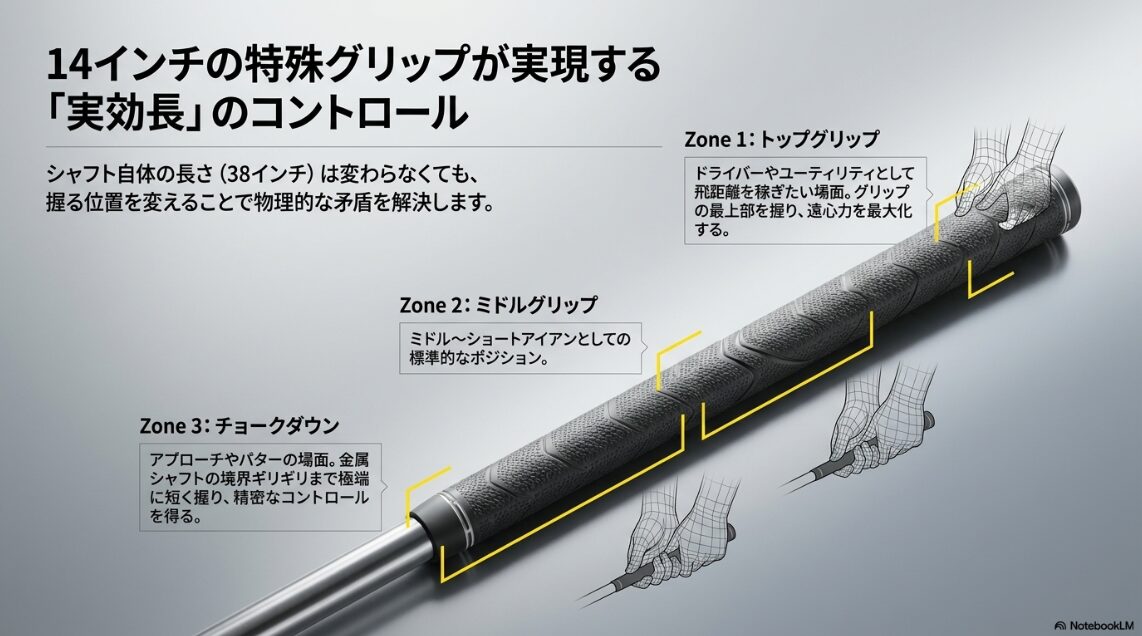 長いグリップの握る位置を変えて実効長をコントロールする方法