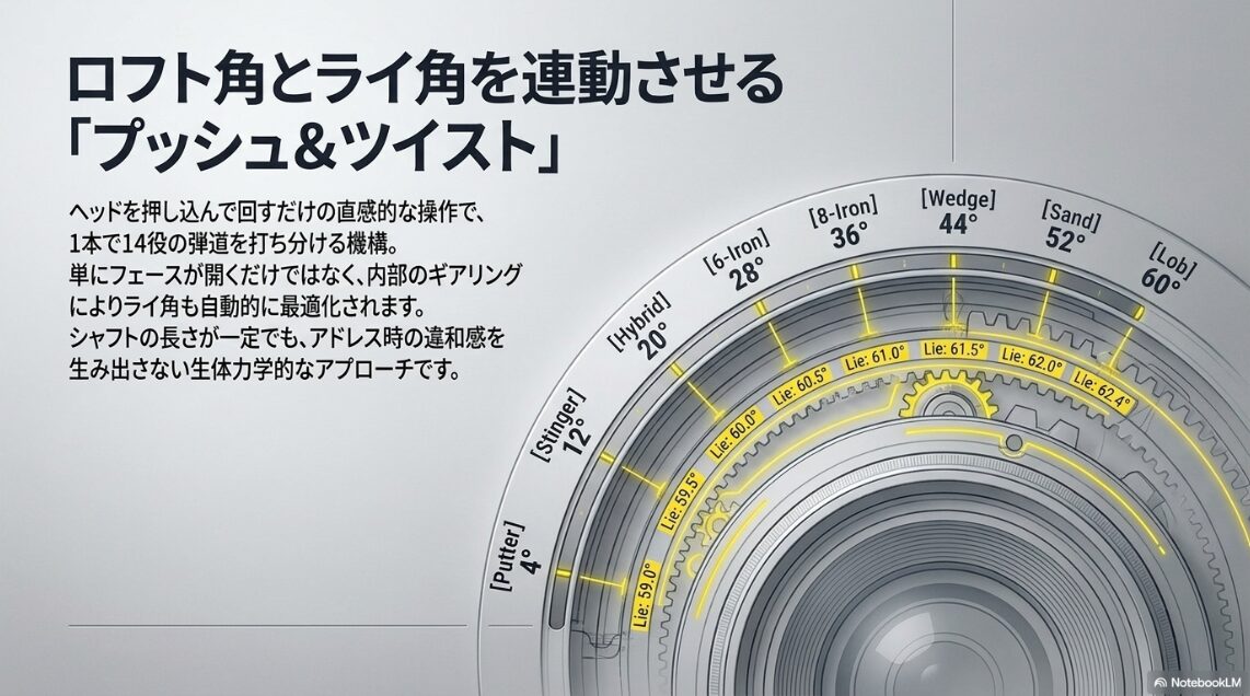 ロフト角とライ角が連動して最適化されるプッシュ＆ツイスト機構の表