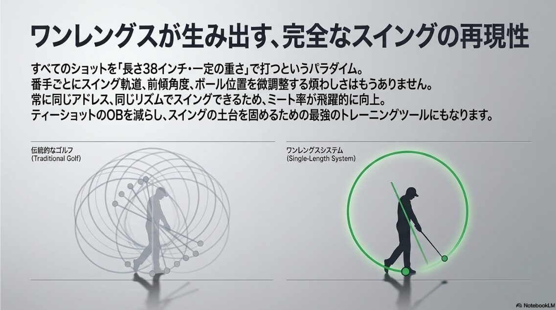 従来のゴルフとワンレングスシステムのスイング再現性の比較図