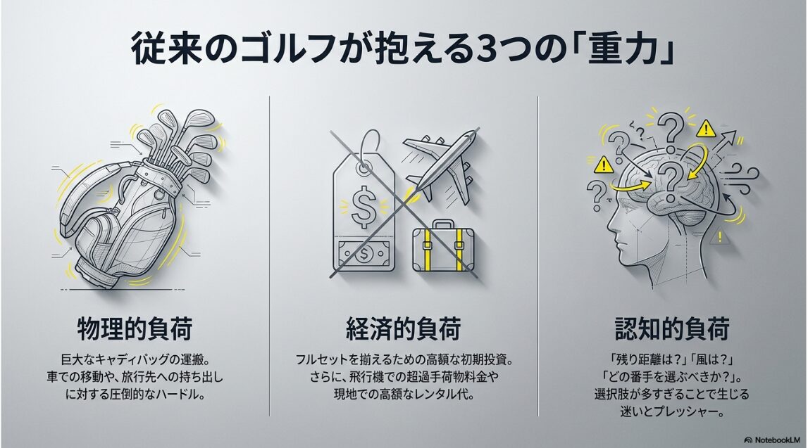 従来のゴルフが抱える物理的・経済的・認知的な負担の図解